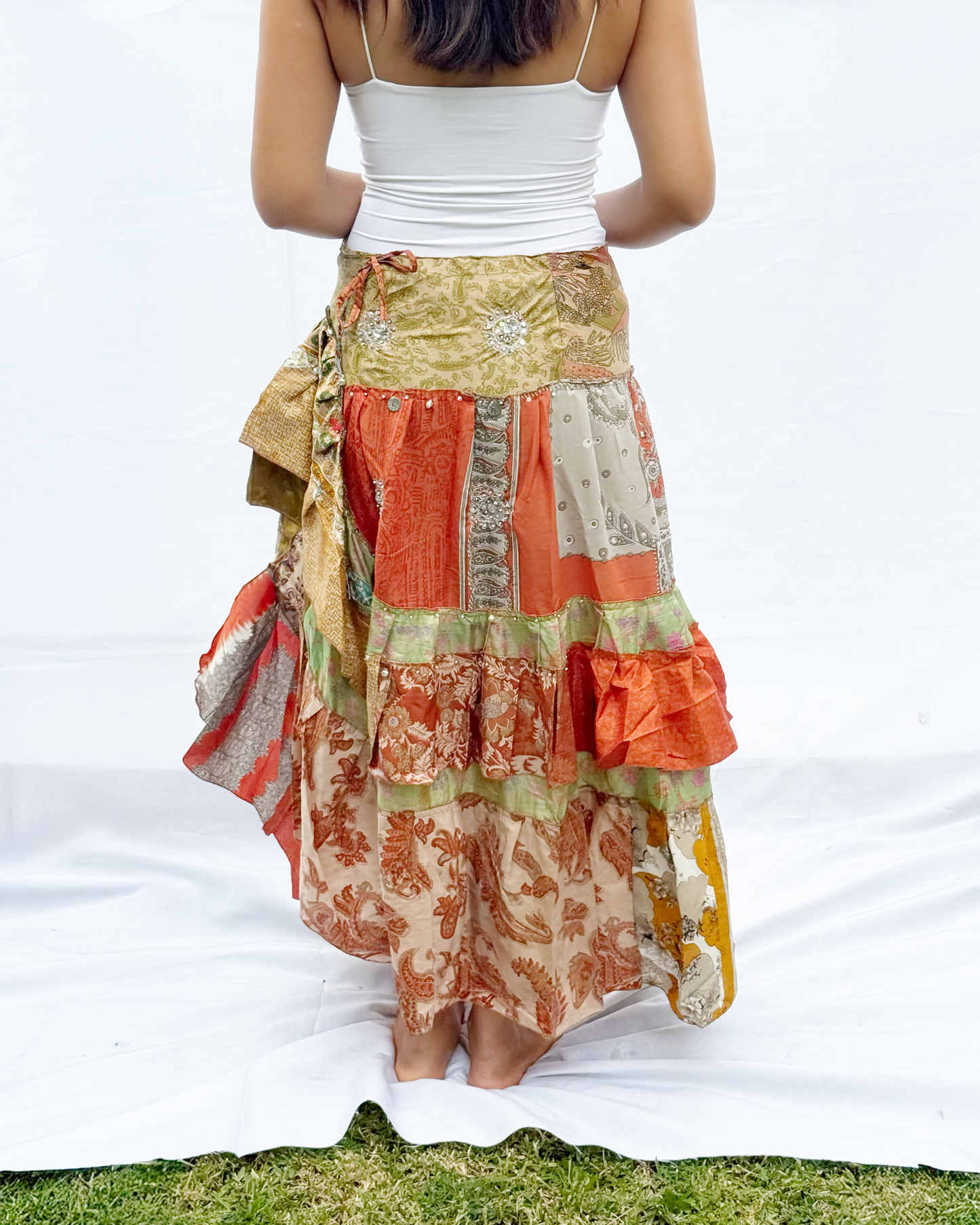'Marigold' Vintage Sari Drawstring Skirt | Hand-Embellished