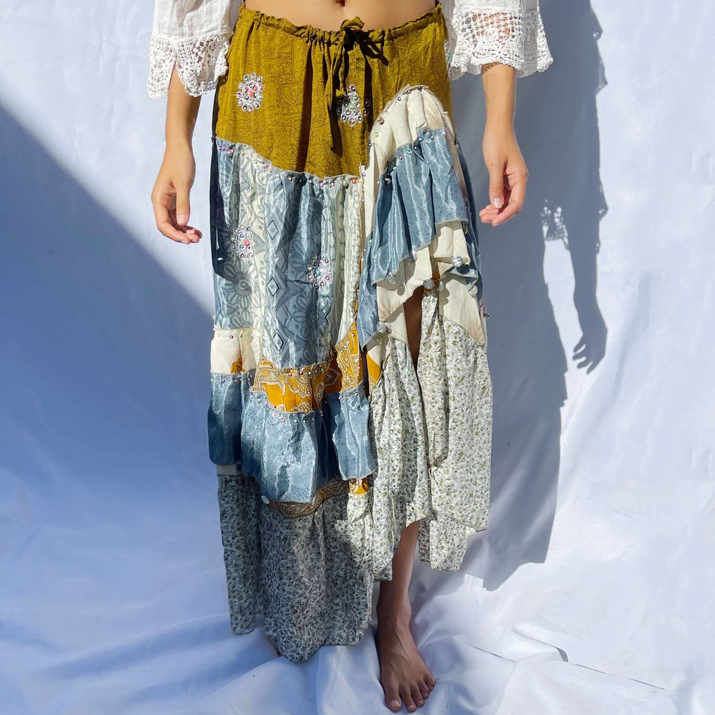 'Ocean' Vintage Sari Drawstring Skirt | Hand-Embellished