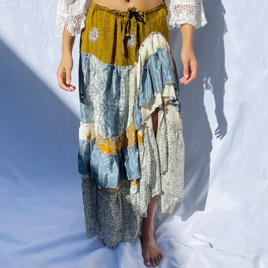 'Ocean' Vintage Sari Drawstring Skirt | Hand-Embellished
