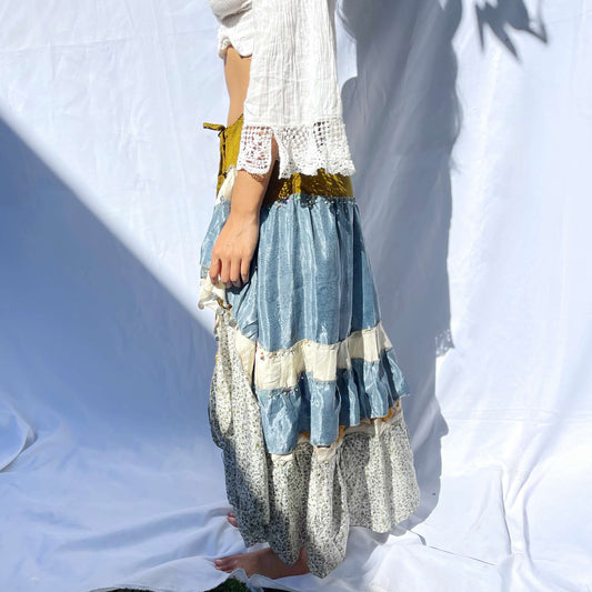 'Ocean' Vintage Sari Drawstring Skirt | Hand-Embellished