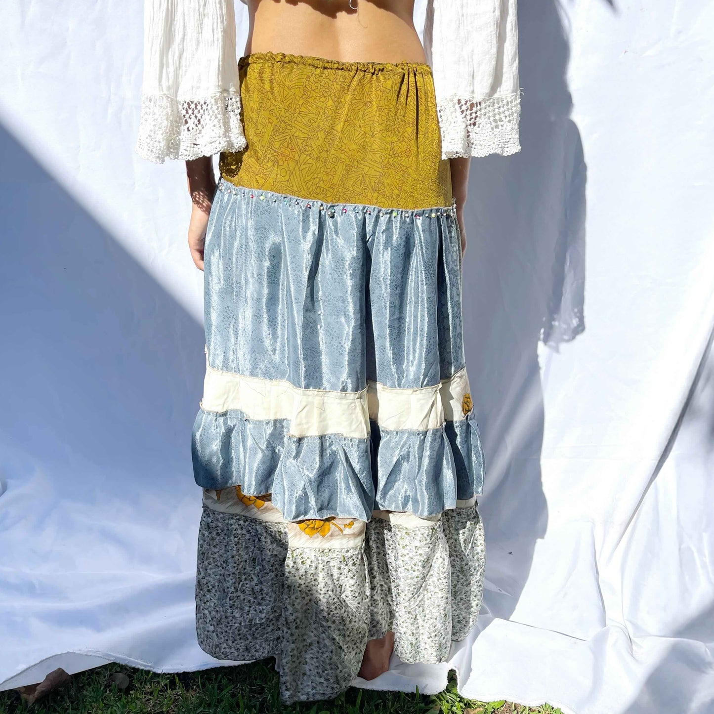 'Ocean' Vintage Sari Drawstring Skirt | Hand-Embellished