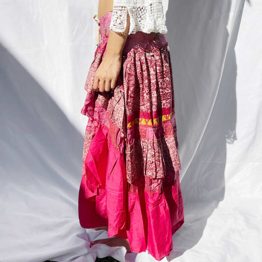 'Garnet' Vintage Sari Drawstring Skirt | Hand-Embellished