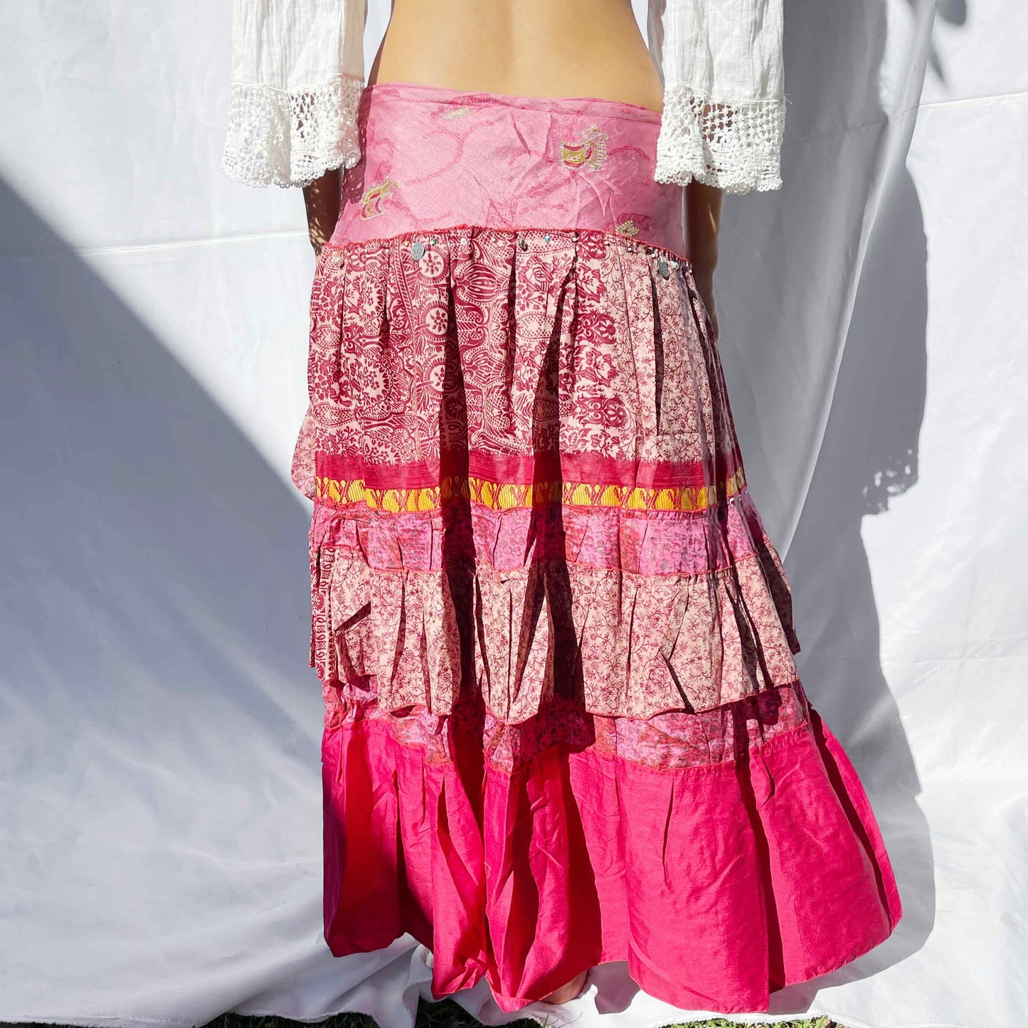 'Garnet' Vintage Sari Drawstring Skirt | Hand-Embellished