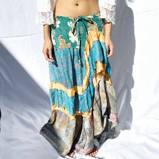 'Enchanted Meadow' Vintage Sari Drawstring Skirt | Hand-Embellished