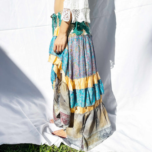 'Enchanted Meadow' Vintage Sari Drawstring Skirt | Hand-Embellished