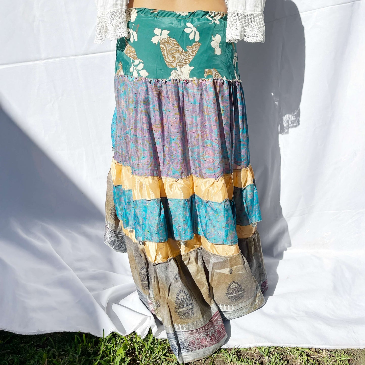 'Enchanted Meadow' Vintage Sari Drawstring Skirt | Hand-Embellished