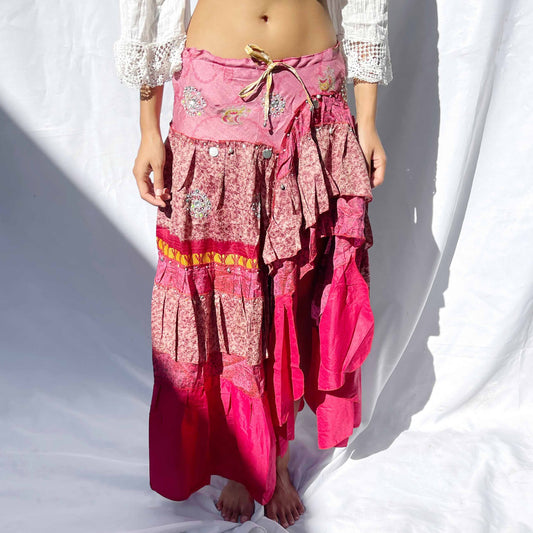 'Garnet' Vintage Sari Drawstring Skirt | Hand-Embellished